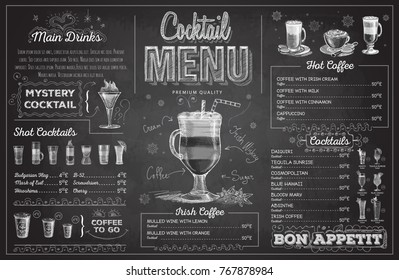 Vintage chalk drawing cocktail menu design. Restaurant menu