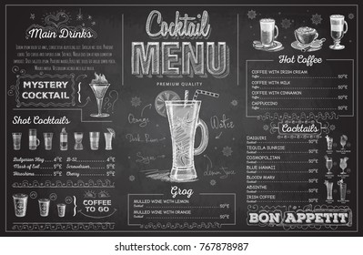 Vintage chalk drawing cocktail menu design. Restaurant menu