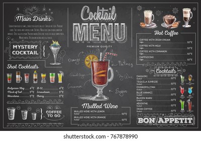 Vintage chalk drawing cocktail menu design. Restaurant menu