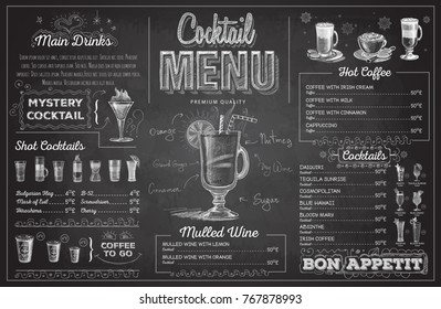 Vintage chalk drawing cocktail menu design. Restaurant menu