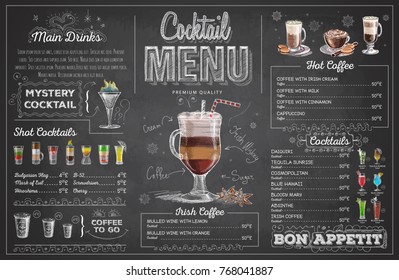 Vintage chalk drawing cocktail menu design. Restaurant menu