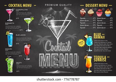 Vintage chalk drawing cocktail menu design. Beverages menu