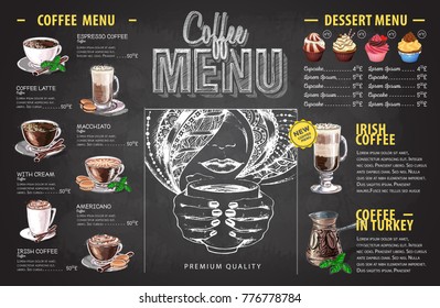 Vintage chalk drawing coffee menu design. Fast food menu