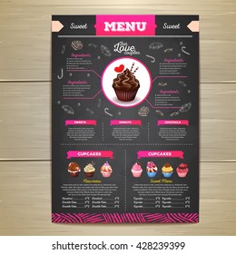 Vintage Chalk Drawing Dessert Menu Design. Sweet Cupcake