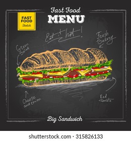Vintage chalk drawing fast food menu. Sandwich sketch svg