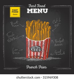 Vintage chalk drawing fast food menu. French fries sketch