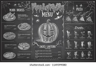 Vintage chalk drawing halloween menu design. Restaurant menu