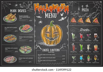 Vintage chalk drawing halloween menu design. Restaurant menu