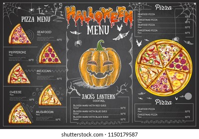 Vintage chalk drawing halloween menu design. Restaurant menu
