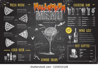 Vintage chalk drawing halloween menu design. Restaurant menu