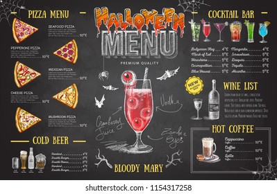 Vintage chalk drawing halloween menu design. Restaurant menu