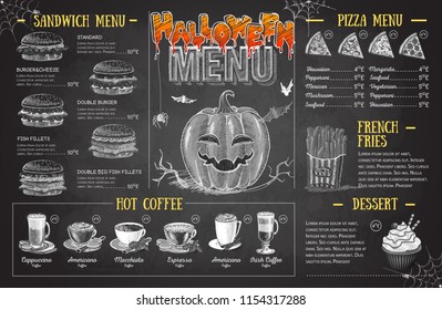 Vintage chalk drawing halloween menu design. Restaurant menu