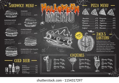 Vintage chalk drawing halloween menu design. Restaurant menu