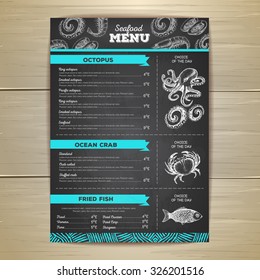 Vintage chalk drawing seafood menu design. 
