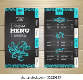 Vintage chalk drawing seafood menu design. Corporate identity