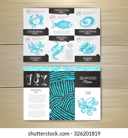Vintage chalk drawing seafood menu design. Corporate identity