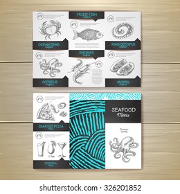 Vintage chalk drawing seafood menu design. Corporate identity