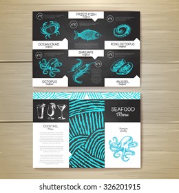 Vintage chalk drawing seafood menu design. Corporate identity