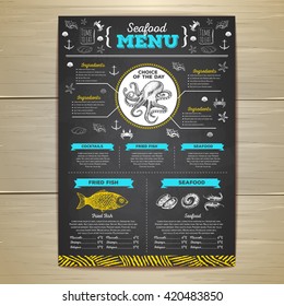 Vintage chalk drawing seafood menu design. 