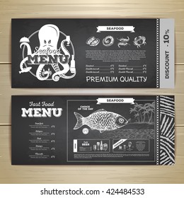 Vintage chalk drawing seafood menu design. 