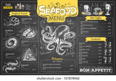 Vintage chalk drawing seafood menu design. Restaurant menu