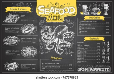 Vintage chalk drawing seafood menu design. Restaurant menu