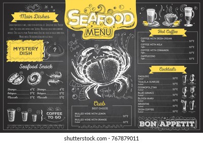 Vintage chalk drawing seafood menu design. Restaurant menu