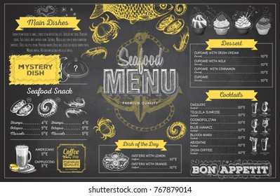 Vintage chalk drawing seafood menu design. Restaurant menu