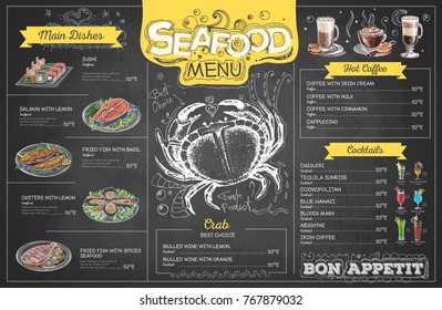 Vintage chalk drawing seafood menu design. Restaurant menu