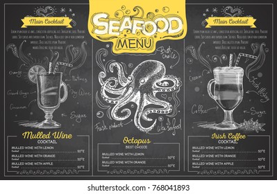 Vintage chalk drawing seafood menu design. Restaurant menu