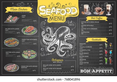 Vintage chalk drawing seafood menu design. Restaurant menu