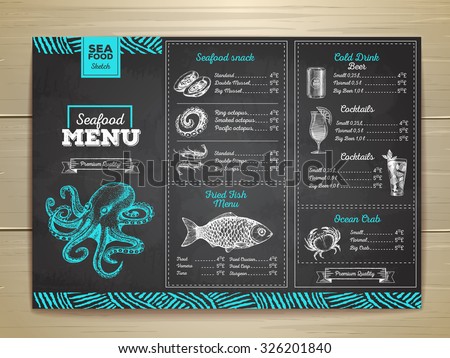 Vintage chalk drawing seafood menu design. 