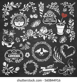 Vintage Chalk Drawn Flowers, Vignettes and Labels for St. Valentine's Day