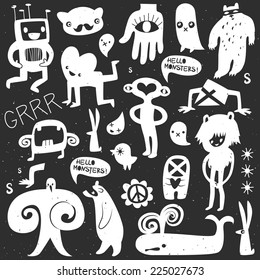 Vintage chalk monsters and freaks. Hand drawn vector illustration.