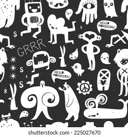 Vintage chalk monsters and freaks. Seamless pattern on dark background. Hand drawn vector illustration.