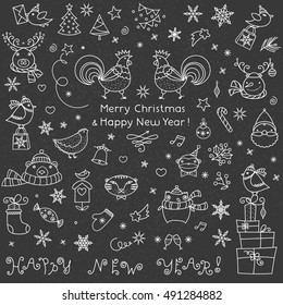 Vintage Chalkboard color board with Christmas doodle icons set. Happy New Year and Merry Christmas hand written greeting signs. Xmas animals and patterns collection.