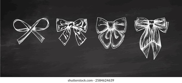 Vintage chalkboard hand drawn bows and ribbons illustration set for decoration and design

