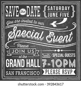 Vintage Chalkboard Invitation - retro and hand-drawn elements. File is layered, each object is grouped separately, colors are global for easy editing. Texture can be removed. 