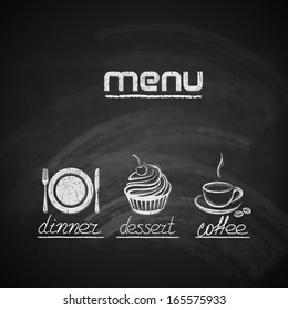 vintage chalkboard menu design with plate, fork and knife, cupcake and coffee cup