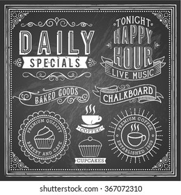 Vintage Chalkboard Ornaments - Set of chalkboard ornaments and banners. Each object is grouped and file is layered for easy editing. Textures can be removed.