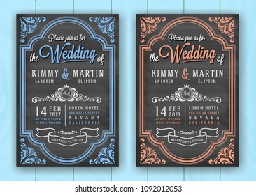 Vintage Chalkboard Wedding Invitation Card Template. Vector illustration