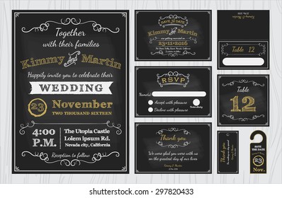 Vintage Chalkboard Wedding Invitations design sets include Invitation card, Save the date, RSVP card, Thank you card, Table number, Gift tags, Place cards, Respond card, Save the date door hanger