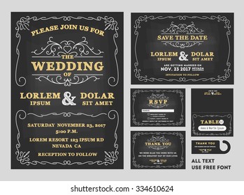 Vintage Chalkboard Wedding Invitations design sets include Invitation card, Save the date card, RSVP card, Thank you card, Table number, Gift tags, Place cards, Save the date door hanger