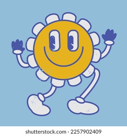 Vintage chamomile flower face emoji smile. Retro 50s 60s 70s style retro flower naive emoticon. Worn effect texture. Vector cartoon funny hero with eyes, mouth, hands and legs image. 