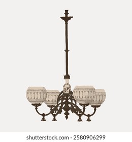 Vintage chandelier with ornate design. Features intricate metalwork and elegant glass shades. Perfect for classic decor. Chandelier adds a vintage touch. Vintage home decor illustration vector.