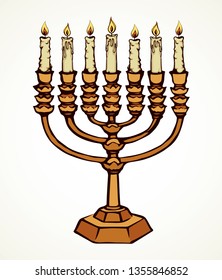 Vintage chanukiah heritage gold candelabrum souvenir. Outline black ink hand drawn picture logo sketch in retro art doodle graphic style pen on white paper background. Closeup view with space for text