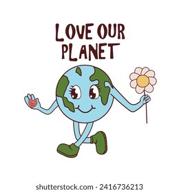 Vintage character with 70s hippie style set. Cute stickers or badges in a trendy psychedelic style. Planet Earth holding chamomile flower , inscription in cartoon groovy style. Vector illustration.