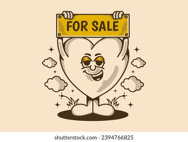 Vintage character of a heart holding a board with for sale text