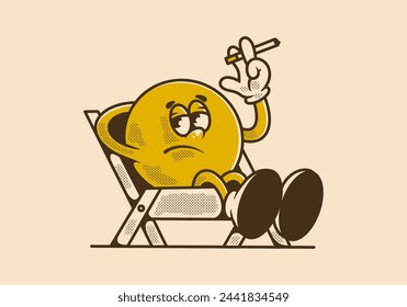 Vintage character illustration of a ball head sitting on a folding chair with an annoyed face