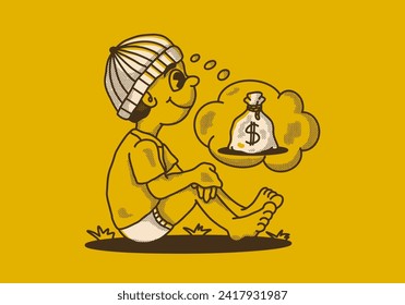 Vintage character illustration of a beanie boy sitting and daydreaming